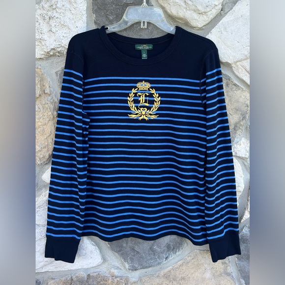 LRL Ralph Lauren Top Womens Large Blue Gold Embroidered Crest Logo Equestrian - Picture 1 of 5